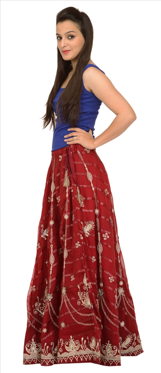 Sanskriti Vintage Indian Bollywood Women Long Skirt Hand Beaded Maroon M Size Lehenga