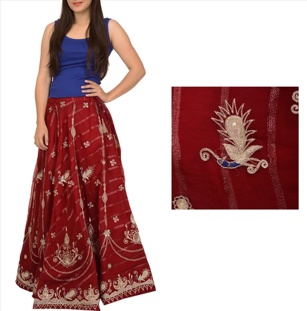 Sanskriti Vintage Indian Bollywood Women Long Skirt Hand Beaded Maroon M Size Lehenga