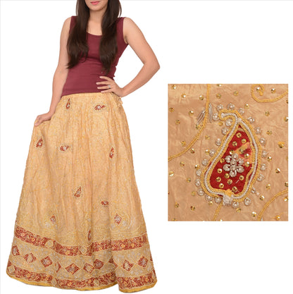 Sanskriti Vintage Indian Bollywood Women Long Skirt Hand Beaded Cream S Size Lehenga