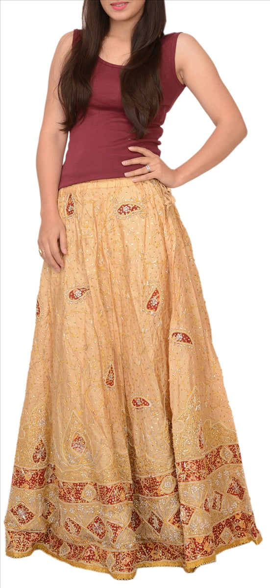 Sanskriti Vintage Indian Bollywood Women Long Skirt Hand Beaded Cream S Size Lehenga