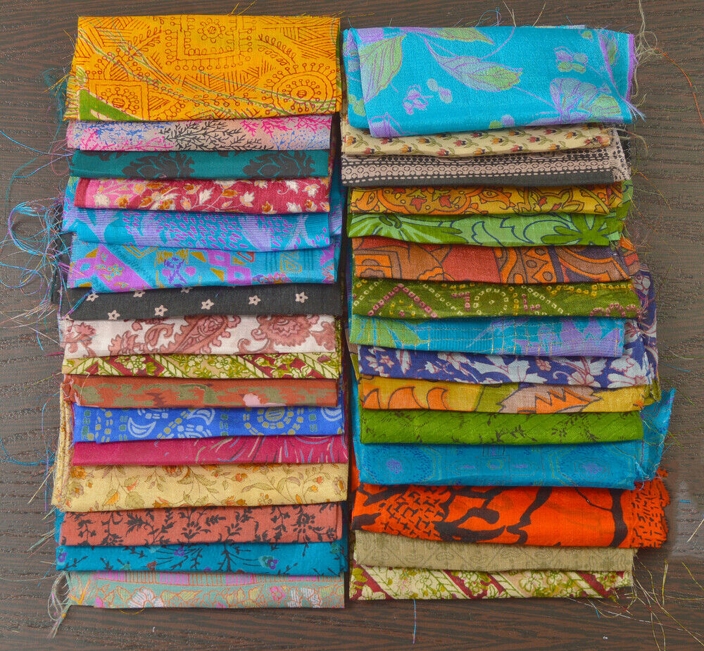 Sanskriti Vintage Recycle Silk Sari Remnants, Fat Quarters, Fabric Squares and Scraps