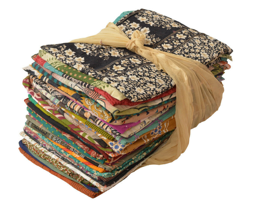 Sanskriti Vintage Recycled Used Pure Cotton Sari Fabric Fiber Art Craft Saree in Bulk 40 sarees, Craft Essentials